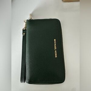 Michael Kors Forest Green Saffiano Zip Wallet with Gold Hardware